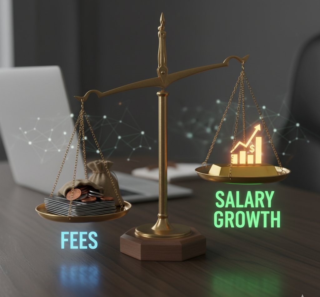 “Balanced scale comparing digital marketing course fees and salary growth, symbolizing return on investment in career development.”
