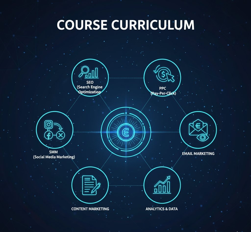 Infographic showing digital marketing course curriculum including SEO, PPC, social media, email marketing, content marketing, and analytics.