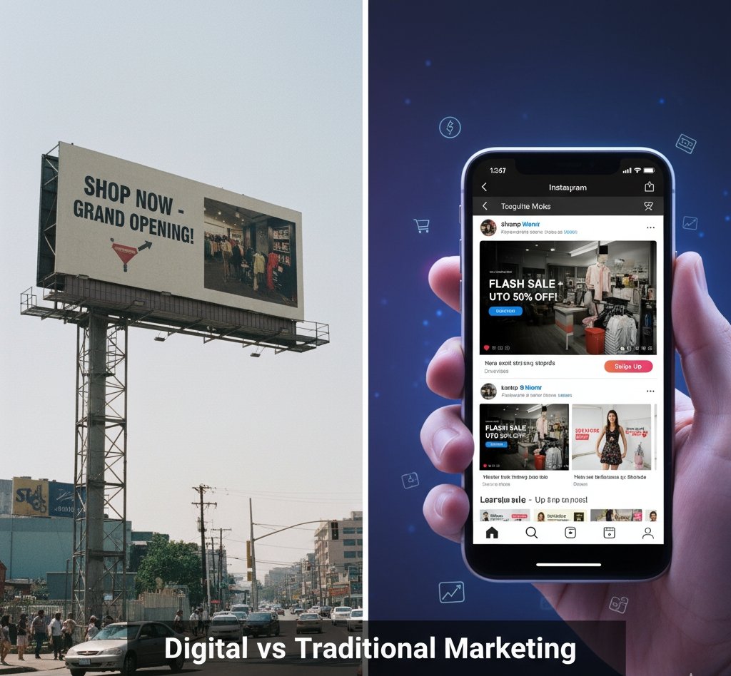 Side-by-side comparison of a street billboard and a smartphone ad, highlighting the difference between traditional and digital marketing approaches.