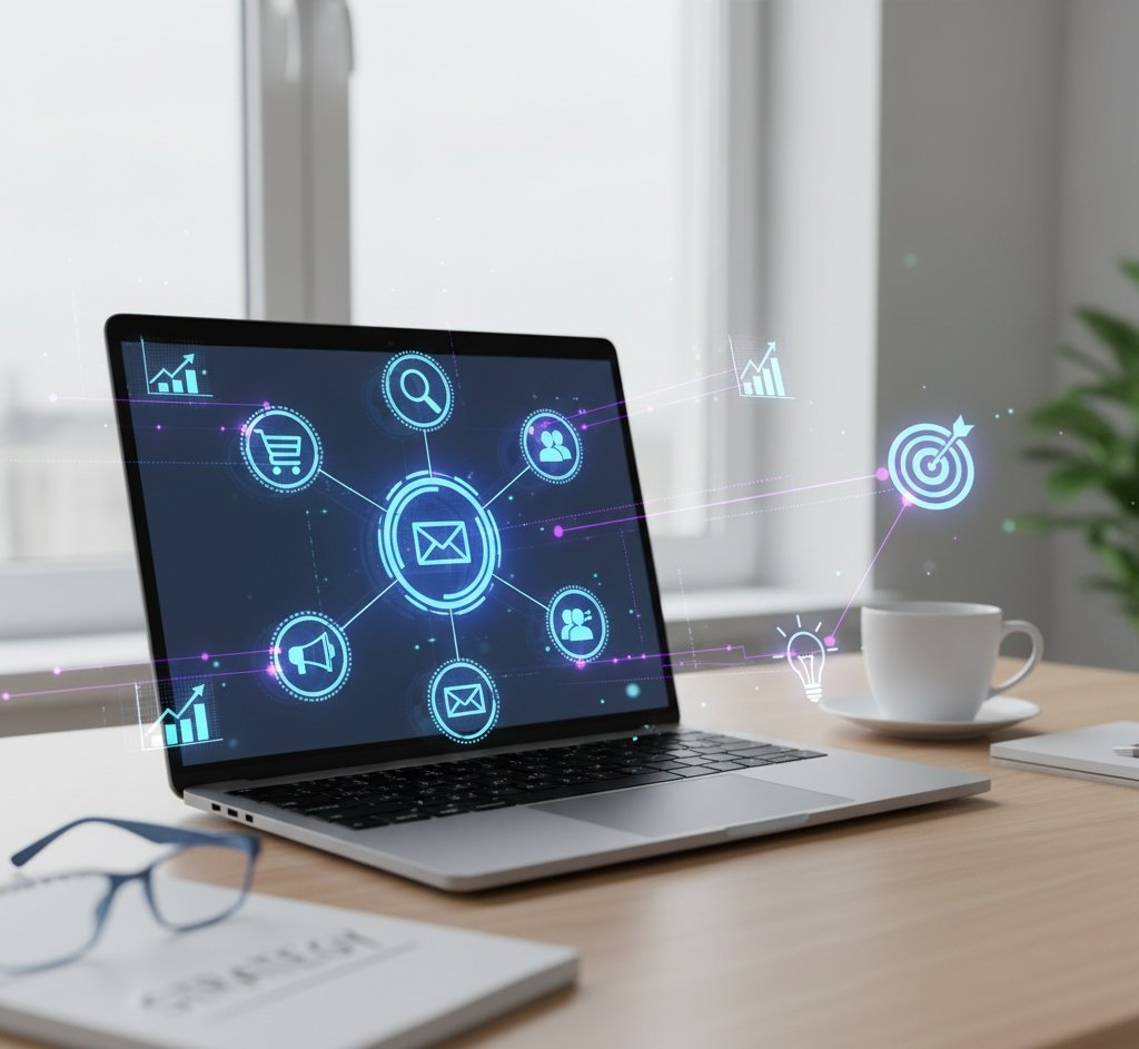 Laptop on a wooden desk showing digital marketing icons like SEO, social media, and analytics — representing how online marketing connects businesses and customers.