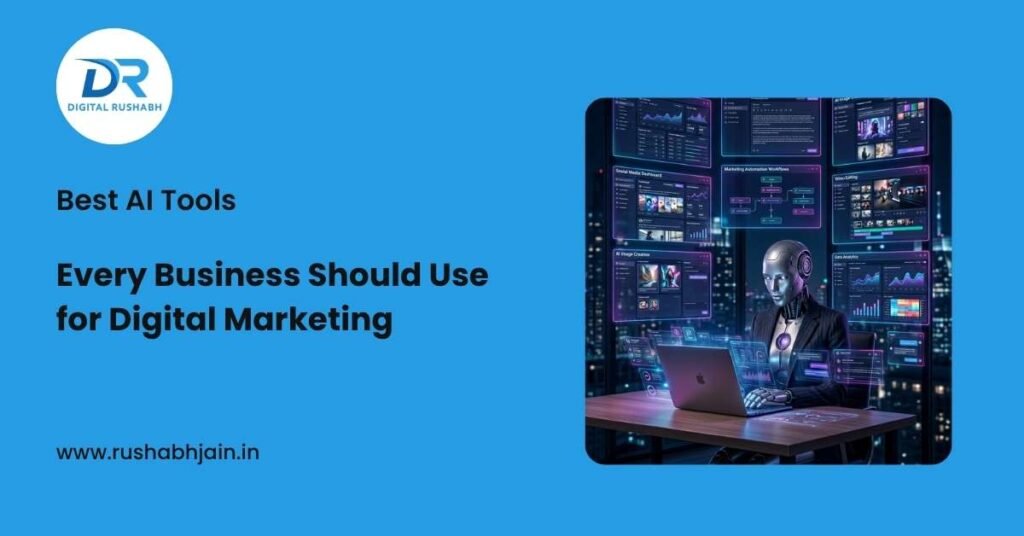 Best AI Tools for Digital Marketing Every Business Should Use Futuristic AI-powered digital marketing workspace showing automation dashboards, SEO analytics, and AI marketing tools for businesses